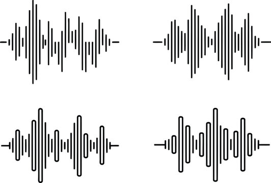 A collection of four distinct black and white sound wave frequency patterns on a white background Vector