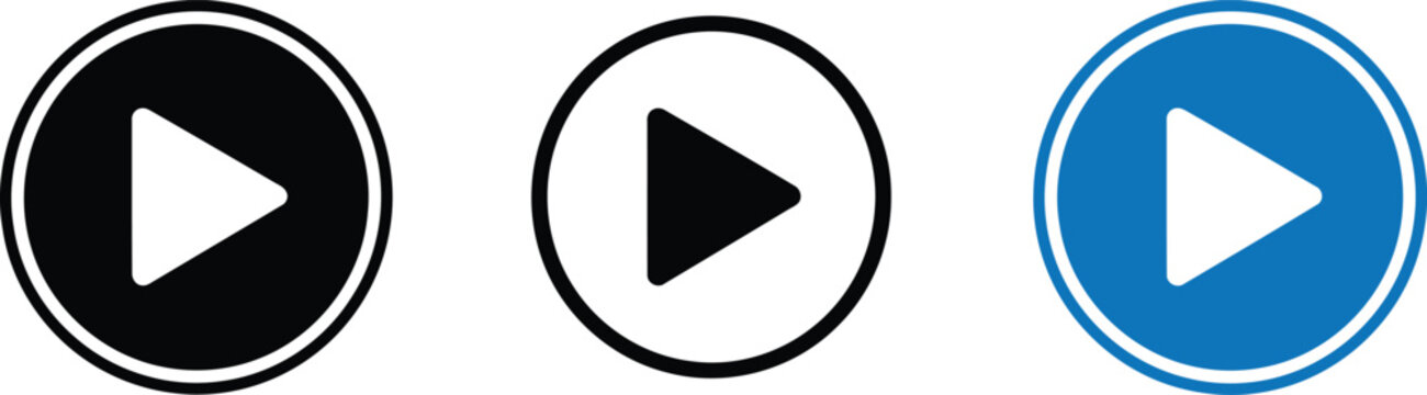 Three different styles of play button icons isolated on a plain white background for digital media Vector