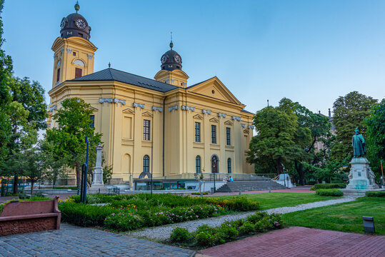 Sunset view of Reformed Great Church of Debrecen in Hungary