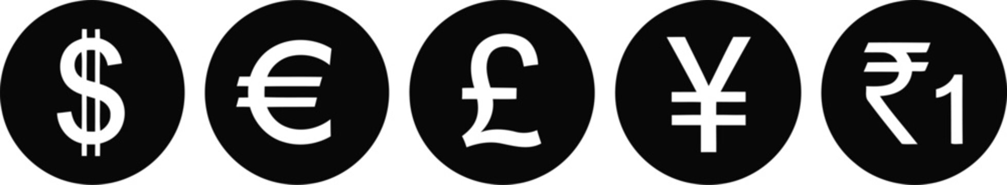 A collection of five black circular icons featuring various global currency symbols on white back. Vector