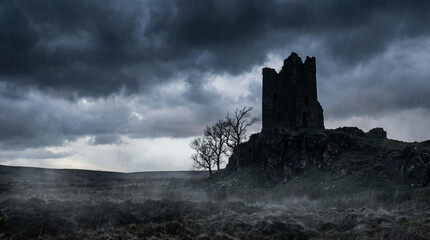 Fototapeta premium Abandoned Fortress Tower Against Stormy Sky Landscape. Dramatic wide shot of solitary crumbling watchtower silhouette with ominous clouds and moody atmospheric weather conditions