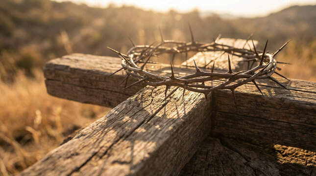Rustic Wooden Cross with Crown of Thorns in Golden Light. Close-up of weathered wooden cross draped with authentic thorn crown, warm sunset light casting soft shadows on textured wood grain
