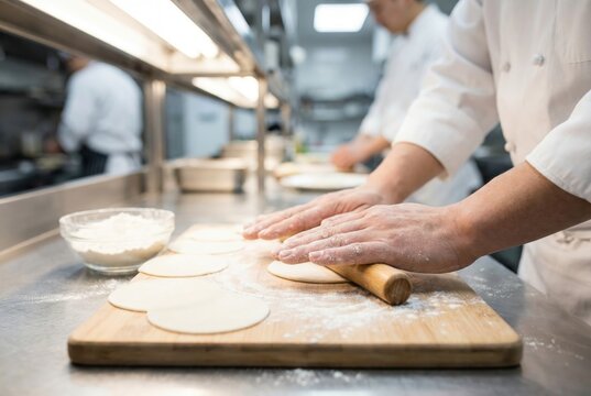 Chef hands using a small wooden rolling pin to flatten circular dough wrappers on a metal kitchen counter