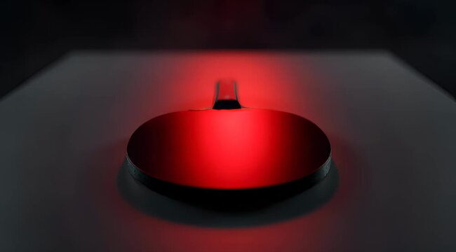 Vibrant red glowing ping pong paddle on sleek dark surface, intense studio light creating dramatic sports shadow.