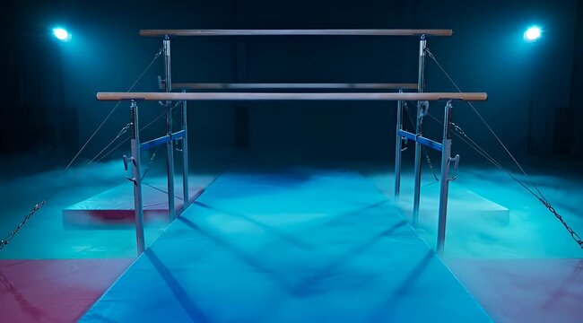 Professional uneven bars setup in dark gymnastics arena, blue stage lighting, dramatic floor fog. Sport competition.