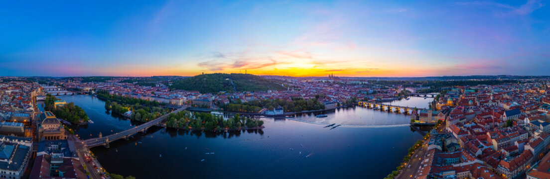 Sunset aerial view of Hradcany district in Prague, Czech republi