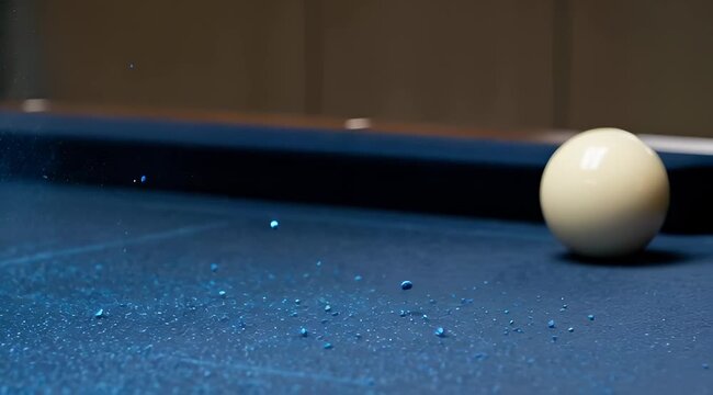 Pool cue striking white billiard ball on blue table, creating dramatic blue chalk explosion during game. High-speed impact.