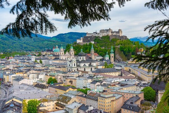 Panorama view Hohensalzburg fortress overlooking the old town of