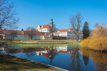 Fototapeta premium Brevnov monastery in Prague during spring day, Czech republic