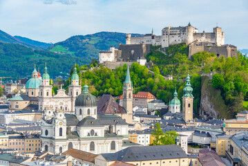 Fototapeta premium Panorama view Hohensalzburg fortress overlooking the old town of