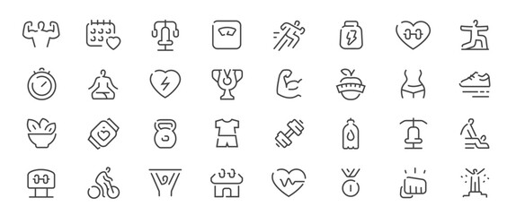 Fitness and sport line icons set. Gym and workout outline vector symbols collection