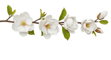 Naklejka premium A horizontal branch with several blooming white magnolia flowers and fresh green leaves attached