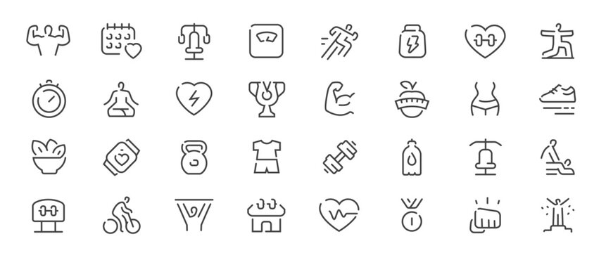 Fitness and sport line icons set. Gym and workout outline vector symbols collection