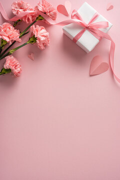 Happy Mother's Day vertical greeting featuring pink carnations, a wrapped gift tied with a ribbon and paper hearts on a soft pastel background conveying love and appreciation