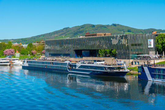 Sunset view of Ars Electronica center in Linz, Austria