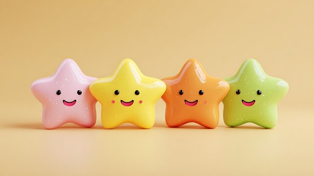 Four colorful star-shaped toys with smiling faces on a beige background