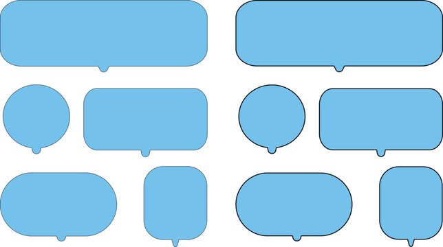 Collection of various light blue speech and thought bubbles on transparent background..A versatile collection of ten bright sky blue speech bubbles in various shapes, including rounded rectangles,.
