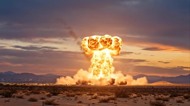 Tactical nuclear warhead impact explosion in a desert at sunset with a smoke trail, military strike threat, catastrophic destruction, global security crisis.