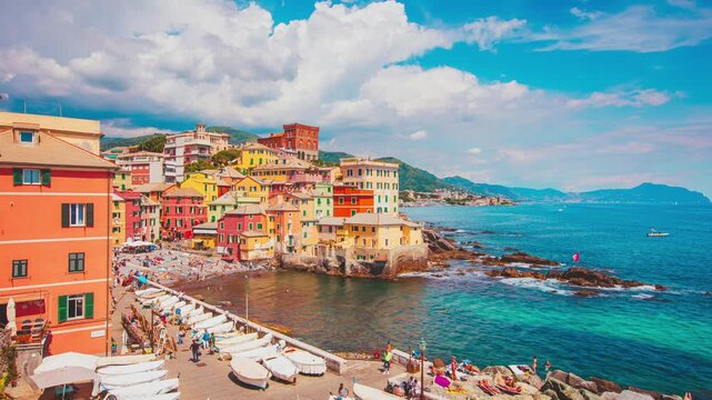 Boccadasse, Italy: 4K timelapse of the traditional Genoese mariners quarter with pastel houses and small beach in the afternoon.