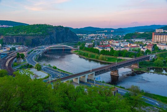 Sunset view of Elbe river in usti nad Labem, Czech republic