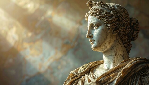 Exquisite Details of Ancient Roman Female Statue with Intricate Hairstyle and Laurel Wreath