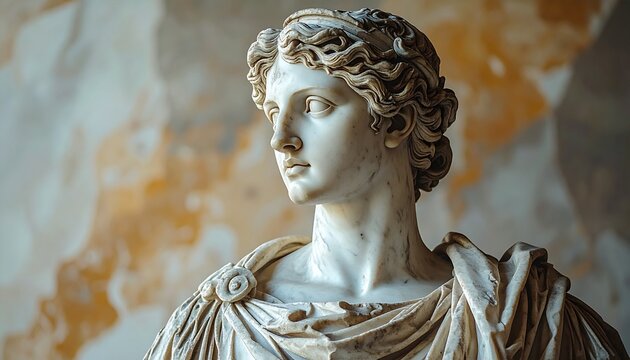 Close-up Portrait of Antique Marble Head Sculpture Reflecting Divine Beauty and History