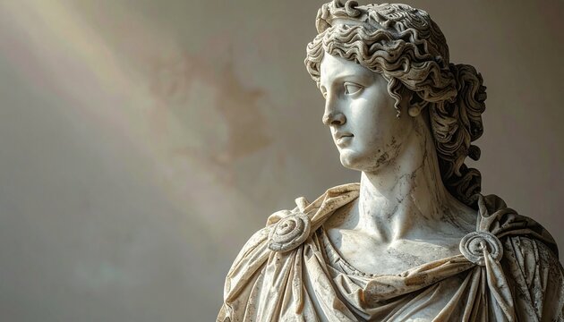 Classical Marble Sculpture Bust of Greek Goddess in Museum with Dramatic Side Lighting