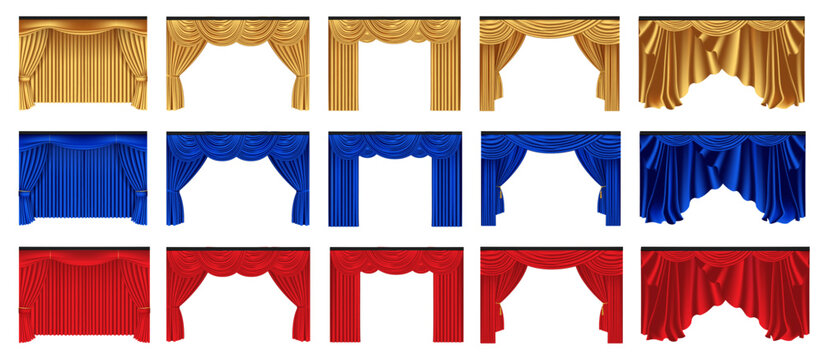 Set of theater curtains in gold, blue and red colors isolated on transparent background. Realistic vector illustration of stage drapery for performance, show, cinema and theater design