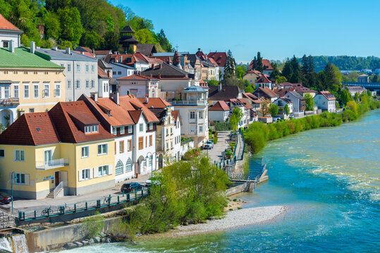 Colourful houses at the riverside of Austrian town Steyr