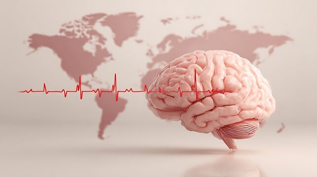 A human brain with a red ECG line and a world map in the background