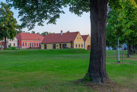 Sunset view of traditional south Bohemian village Holasovice, Cz