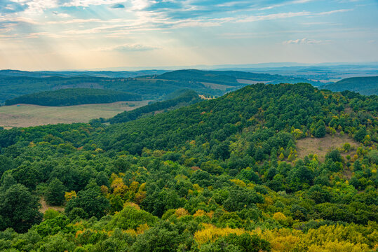 Panorama view of forests around Holloko castle in Hungary