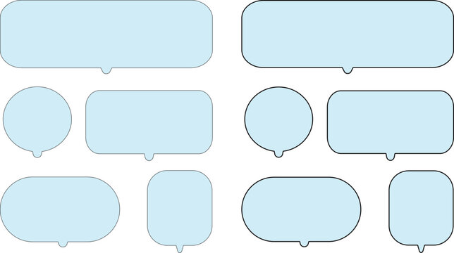 Collection of various light blue speech and thought bubbles on transparent background..A versatile collection of ten bright sky blue speech bubbles in various shapes, including rounded rectangles,.