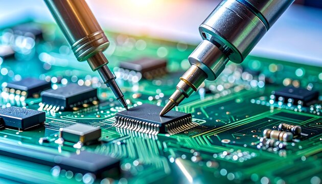 複数のプローブが基板上の回路を検査する電子機器製造の精密な工程風景