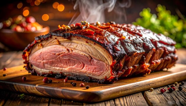 表面がこんがり焼けた牛肉ローストが木製ボードに載せられ湯気を上げる料理