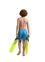 Cute little boy in beachwear with flippers walking on white background, back view © New Africa