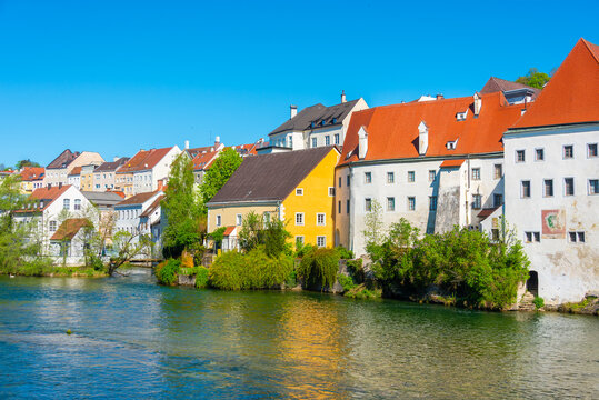 Colourful houses at the riverside of Austrian town Steyr