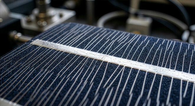 Macro view of monocrystalline solar cell with silver busbars - technical semiconductor detail