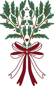 Christmas Botanical Branches with Red Ribbon Bow Festive Holiday Floral Decoration Vector Illustration