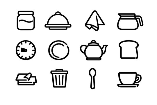 Minimalist kitchen and dining line icon set featuring teapot coffee cup plate spoon bread slice and cooking tools on white background