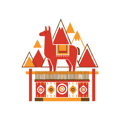 Fototapeta premium Modern ethno-minimalism vector illustration of an Andean weaving scene, stylized llama and mountain peaks, geometric folk motifs. Isolated on white background.