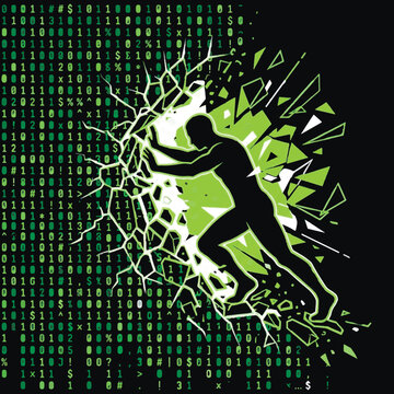 Digital vector illustration of a human silhouette breaking through a wall of binary code. Cyber security, data breach, and artificial intelligence concept in neon green and black.