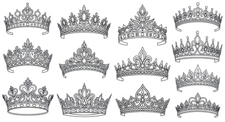 Collection of Ornate Royal Crowns and Tiaras, Elegant Designs, Hand-Drawn Sketch Style © budi