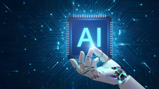 Robotic Hand Touching AI Microchip &ndash; Futuristic Artificial Intelligence Technology Concept