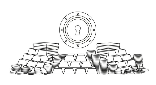 Gold bars behind Vault Door: A representation of wealth and security, gold bars are stacked in front of a vault door, signifying safeguarding and value.