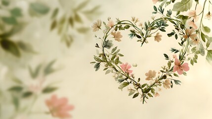 A delicate heart-shaped floral wreath with pink flowers and green leaves on a soft background