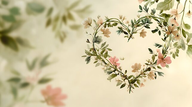 A delicate heart-shaped floral wreath with pink flowers and green leaves on a soft background