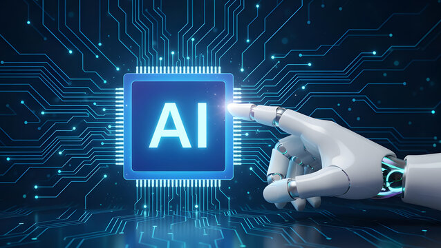 Robotic Hand Pointing at AI Microchip &ndash; Artificial Intelligence and Future Technology Concept