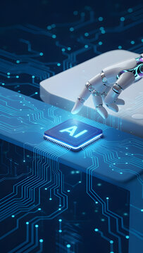 Robotic Hand Pointing at AI Microchip &ndash; Artificial Intelligence and Future Technology Concept