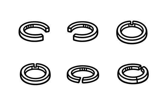 Set of isometric mechanical retaining rings and circlips for industrial engineering and machinery assembly components